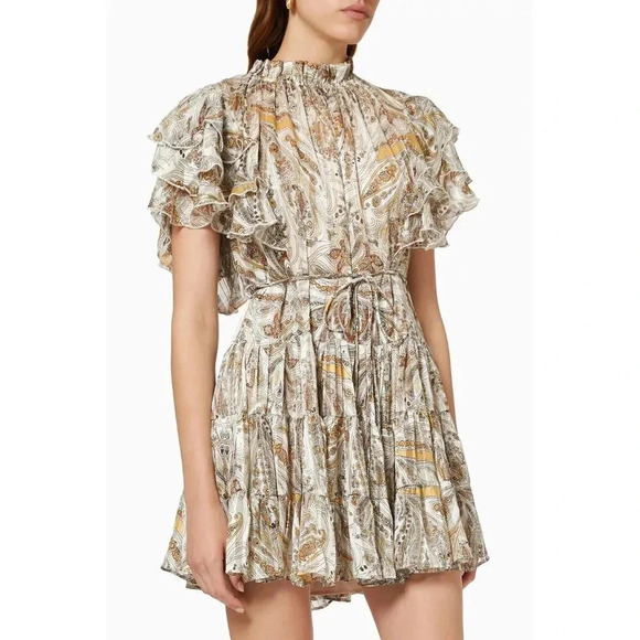 Anthropologie Elliatt Seraphina Mini Dress Boho Ruffle White Tan Brown Sz M - Picture 1 of 13